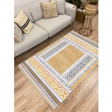 Kilim Home Cotton Serisi Sarı Yunan Motifli Eskitme Antik Otantik Desen Dekoratif Dokuma Taban Kilim