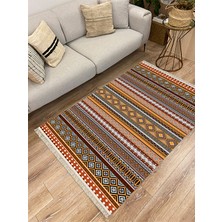 Kilim Home Cotton Serisi Hardal ve Natural Tonlarında Geometrik Eskitme Desen Dekoratif Dokuma Taban Kilim