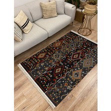 Kilim Home Cotton Serisi Siyah Gri Orta Çağ Motifli Otantik Eskitme Desenli Dekoratif Dokuma Taban Kilim