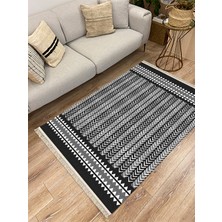 Kilim Home Cotton Serisi Siyah Beyaz Geometrik Etnik Eskitme Desenli Dekoratif Dokuma Taban Kilim