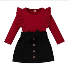 Kids Çocuk Kidscocuk Yeni Sezon Sınırlı Üretim Kız Çocuk Kadife Etekli Kombin Fırfırlı Bluz Takım