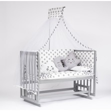 Bebeget Süper Natural ahşap Beşik 4 Kademeli Gri Anne Yanı Sallanır Bebek Beşiği 60X120 -Uyku Seti+Yatak G3