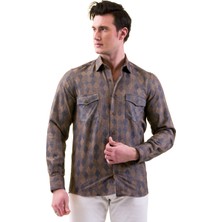 Exve Exclusive Hardal Mavi Baklava Desenli Yünlü Kışlık Cep Detaylı Western Slim Fit Gömlek