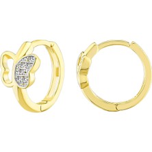 Moom Mücevherat Kadın 14 Ayar Altın Küpe Minimalist Zirkon Taş Kelebek Tema Halka Altın Küpe 11,5 mm - MM20063