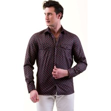 Exve Exclusive Siyah Üzerine Kırmızı Puantiyeli Balıksırtı Yünlü Kışlık Cep Detaylı Western Slim Fit Gömlek