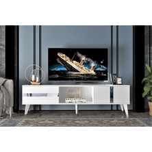 Demonte Dekor 2 Kapaklı  Raflı Vania Tv Sehpası Beyaz-Gümüş