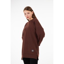 BRAKO TEKSTİL Kadın Camel Tunik Fitilli Tiril Kumaş Yırtmaçlı Tunik Armalı Oversize Tunik