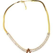 Hg.Aksesuar Kadın Italyan Zincirli Baget Taşlı Altın Renk Çelik Harf Kolye