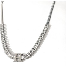 Hg.Aksesuar Kadın Italyan Zincirli Baget Taşlı Gümüş Renk Çelik Harf Kolye