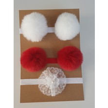Swan Butik Kız Çocuk Bebek Bandana Toka Seti 3'lüBeyaz Kırmızı Ponpon Beyaz Dantel