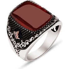 Amberkan Gümüş Akik Taşlı Yanları Tuğralı Yüzük