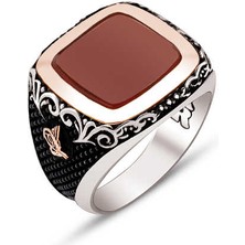 Amberkan Gümüş Akik Taşlı Yanları Tuğralı Yüzük