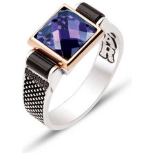 Amberkan Gümüş Ametist Faset Taşlı Yanları Zirkon Taşlı Erkek Yüzük