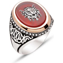 Amberkan Gümüş Akik Taşlı Üzeri Osmanlı Devlet Armalı Yanları Beyaz Zirkon Taşlı Erkek Yüzük