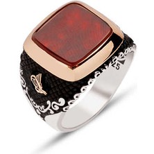 Amberkan Gümüş Akik Taşlı Yanları Osmanlı Tuğralı Yüzük