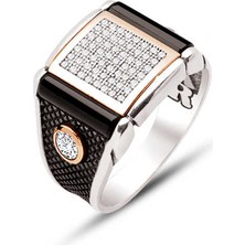 Amberkan Gümüş Beyaz Zirkon Işlemeli Akik Taş Detaylı Yanları Tek Taşlı Yüzük