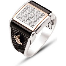 Amberkan Gümüş Beyaz Zirkon Işlemeli Akik Taş Detaylı Yanları Tuğralı Yüzük