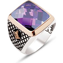 Amberkan Gümüş Fasetli Ametist Taşlı Yanlar Osmanlı Tuğralı Motifli Yüzük