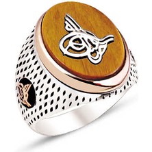 Amberkan Gümüş Kaplan Gözü Taş Üzeri Osmanlı Tuğralı Nokta Kasalı Yüzük