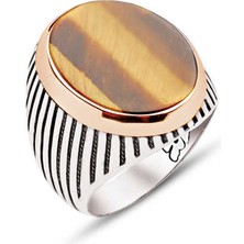 Amberkan Gümüş Kaplan Gözü Taşlı Çizgili Kasa Erkek Yüzük