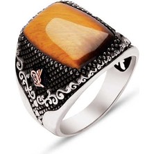 Amberkan Gümüş Kaplan Gözü Taşlı Yanları Tuğralı Yüzük