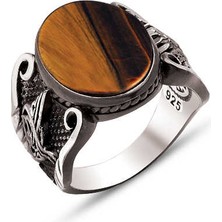 Amberkan Gümüş Kaplan Gözü Taşlı Kenarları Osmanlı Devlet Armalı ve Osmanlı Tuğralı Yüzük