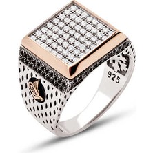 Amberkan Gümüş Beyaz Zirkon Taşlı Yanları Tuğralı Kare Model Yüzük