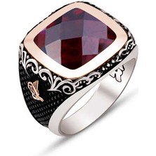 Amberkan Gümüş Fasetli Kırmızı Zirkon Taşlı Kenarları Tuğralı Yüzük