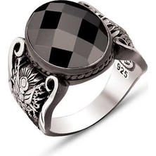 Amberkan Gümüş Fasetli Zirkon Taşlı Kenarları Osmanlı Devlet Armalı ve Osmanlı Tuğralı Yüzük