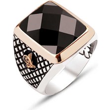 Amberkan Gümüş Fasetli Siyah Zirkon Taşlı Yanlar Osmanlı Tuğralı Motifli Yüzük