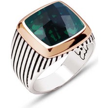 Amberkan Gümüş Fasetli Yeşil Zirkon Taşlı Çizgili Kasalı Yüzük