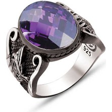 Amberkan Gümüş Fasetli Ametist Taşlı Kenarları Osmanlı Devlet Armalı ve Osmanlı Tuğralı Yüzük