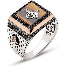 Amberkan Gümüş Kaplan Gözü Taş Üzeri Osmanlı Tuğralı Zirkon Süslemeli Kenarları Tuğralı Kare Model Yüzük