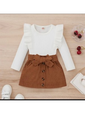 Kids Çocuk Kidscocuk Kız Çocuk Kışlık Kadife Etekli Takım Yeni Sezon Fırfırlı Bluz