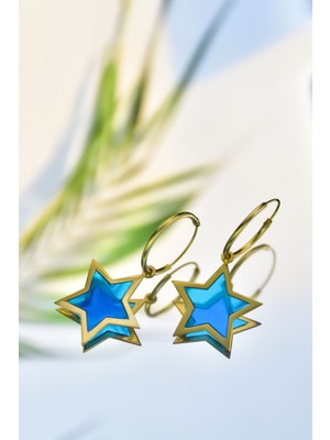 925 Ayar Gümüş Gold Kaplama Parlayan Rüya Serisi Tasarım Ebruli Cam Boyalı Yıldız Küpe