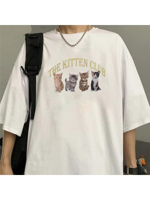 Touz Moda  The Kitten Club Beyaz Unisex Oversize T-Shirt