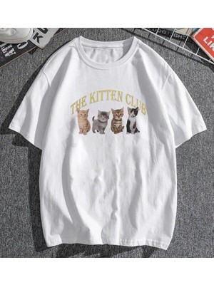 Touz Moda  The Kitten Club Beyaz Unisex Oversize T-Shirt