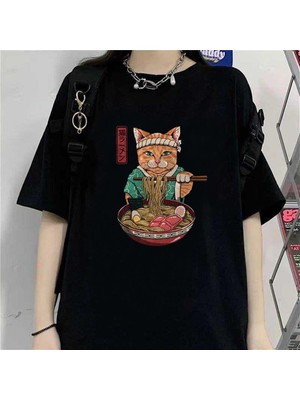 Touz Moda  Samurai Cat Spaghetti Siyah Unisex Oversize T-Shirt