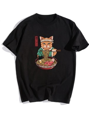 Touz Moda  Samurai Cat Spaghetti Siyah Unisex Oversize T-Shirt