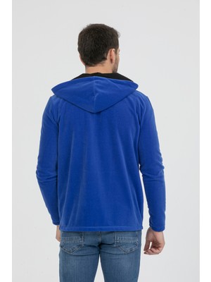 Erkek Indigo Mavi Polar Tam Fermuarlı Kapüşonlu Sweatshirt