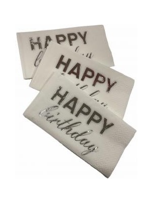 Kidspartim Gümüş Yaldızlı Beyaz Happy Bırthday Peçete