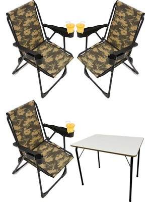 Moniev Silva 3 Adet Kamp Sandalyesi Bardaklıklı Lüks Piknik Sandalye Kamuflaj + Katlanır Mdf Masa