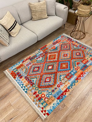 Kilim Home Cotton Serisi Açık Mavi Tonunda Baklavalı Geometrik Desen Dekoratif Dokuma Taban Kilim