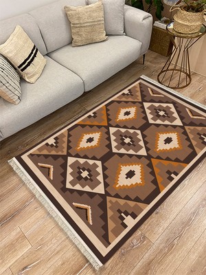 Kilim Home Cotton Serisi Siyah ve Kahve Tonlarında Geometrik Eskitme Desenli Dekoratif Dokuma Taban Kilim