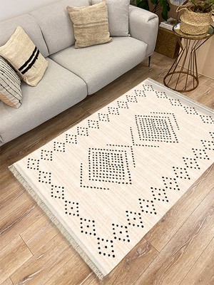 Kilim Home Cotton Serisi Krem Tonlarında Geometrik Eskitme Desen Dekoratif Dokuma Taban Kilim