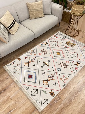 Kilim Home Cotton Serisi Krem Tonlarında Geometrik Desenli Dekoratif Dokuma Taban Kilim