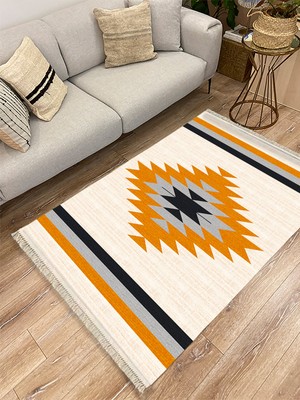 Kilim Home Cotton Serisi Krem Tonlarında Eskitm Desen Dekoratif Dokuma Taban Kilim