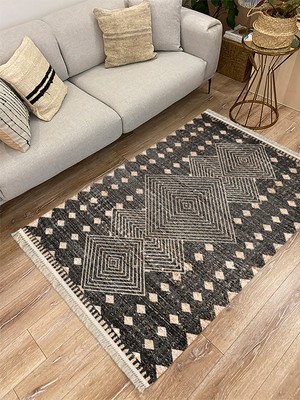 Kilim Home Cotton Serisi Hasır Görünümlü Iç Içe Kareler Eskitme Etnik Desen Dekoratif Dokuma Taban Kilim