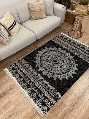 Kilim Home Cotton Serisi Siyah Krem Antika Eskitme Desen Dekoratif Dokuma Taban Kilim