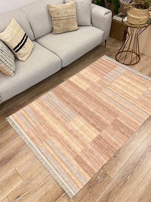 Kilim Home Cotton Serisi Kahve Tonlarında Hasır Görünmlü Eskitme Desen Dekoratif Dokuma Taban Kilim